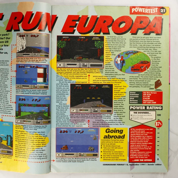 A Commodore Format magazin belső oldala az Out Run Europa tesztjével