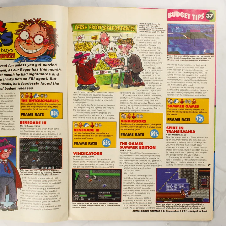 A Commodore Format magazin belső oldala olcsó játékok ismertetőivel