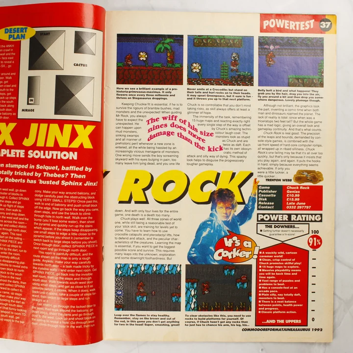 Nyitott Commodore Format magazin a Chuck Rock játék tesztjével és képernyőképekkel