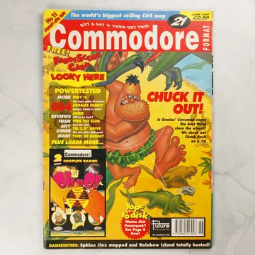 A Commodore Format magazin 1992. júniusi 21. számának borítója Chuck Rock ábrázolásával