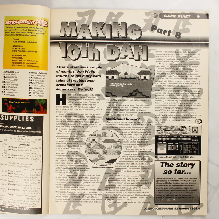 Commodore Format magazin belső oldal – Making 10th Dan Belső oldalpár a Commodore Format 52. számából a 10th Dan játékról