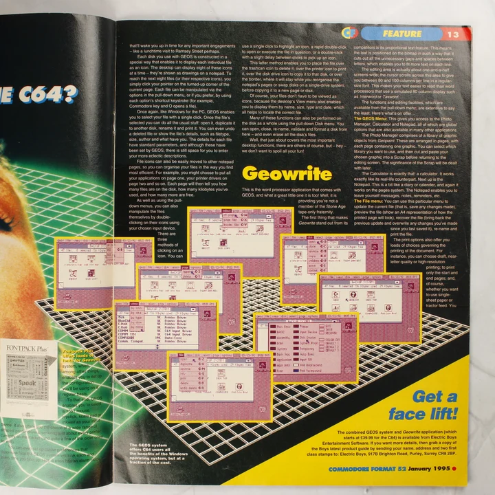 Commodore Format magazin belső oldal – GEOS cikk A Commodore Format 52. számának belső oldala a GEOS szoftverről