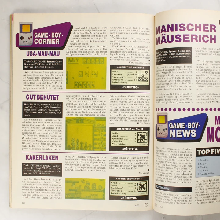 Az ASM magazin 128. oldala Game Boy játéktesztekkel