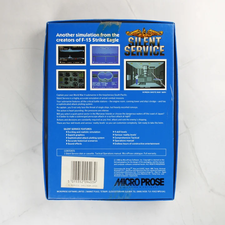 A Silent Service videójáték dobozának hátoldala leírással és képernyőfotókkal