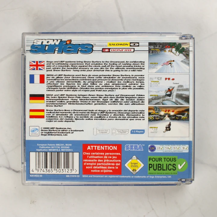 Snow Surfers Sega Dreamcast videójáték tokjának hátoldala vonalkóddal