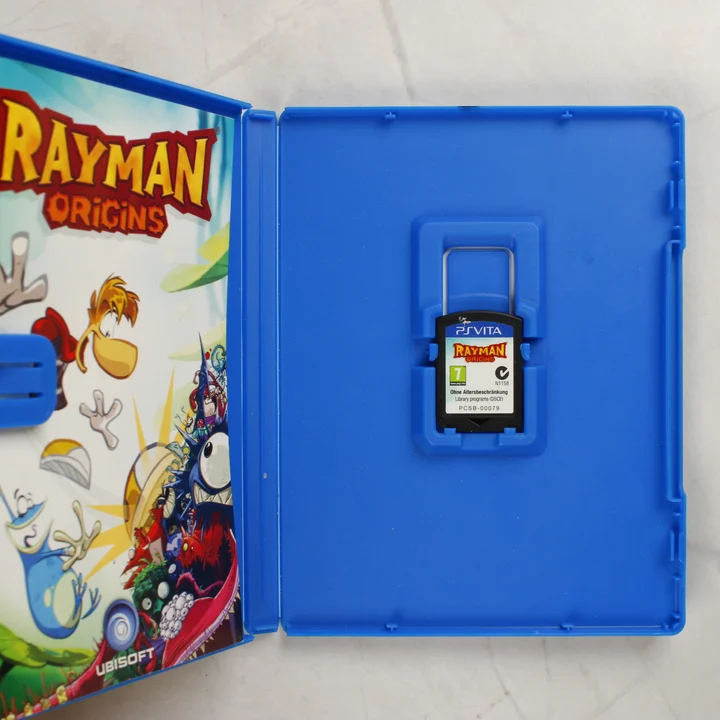 Nyitott kék PS Vita tok a Rayman Origins játékkártyával