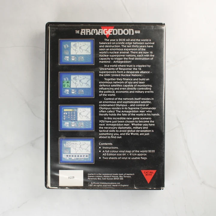 The Armageddon Man Commodore 64 játék dobozának hátoldala