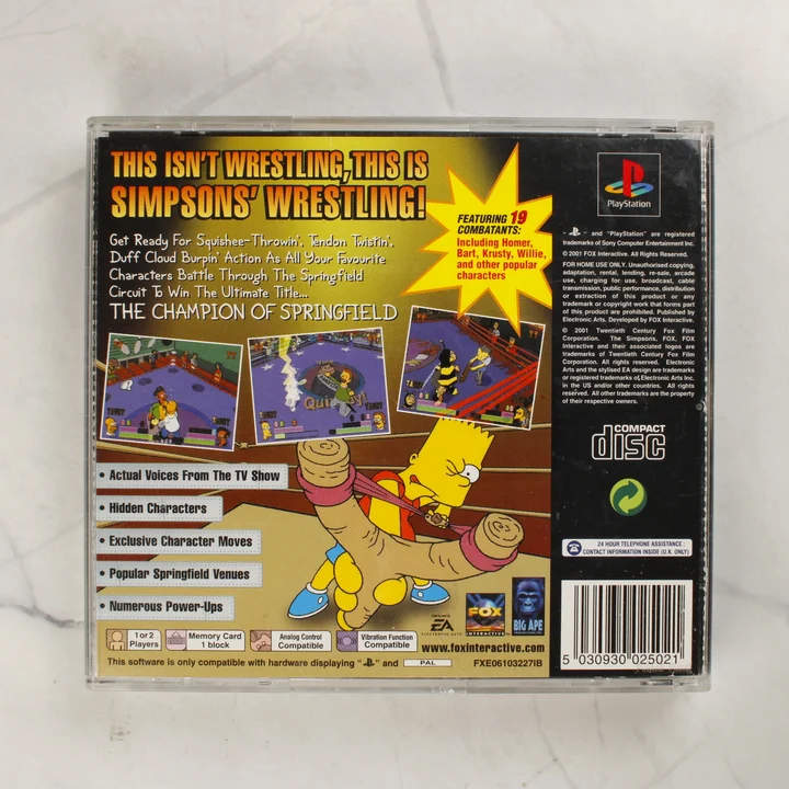The Simpsons Wrestling PlayStation videójáték műanyag tokjának hátoldala