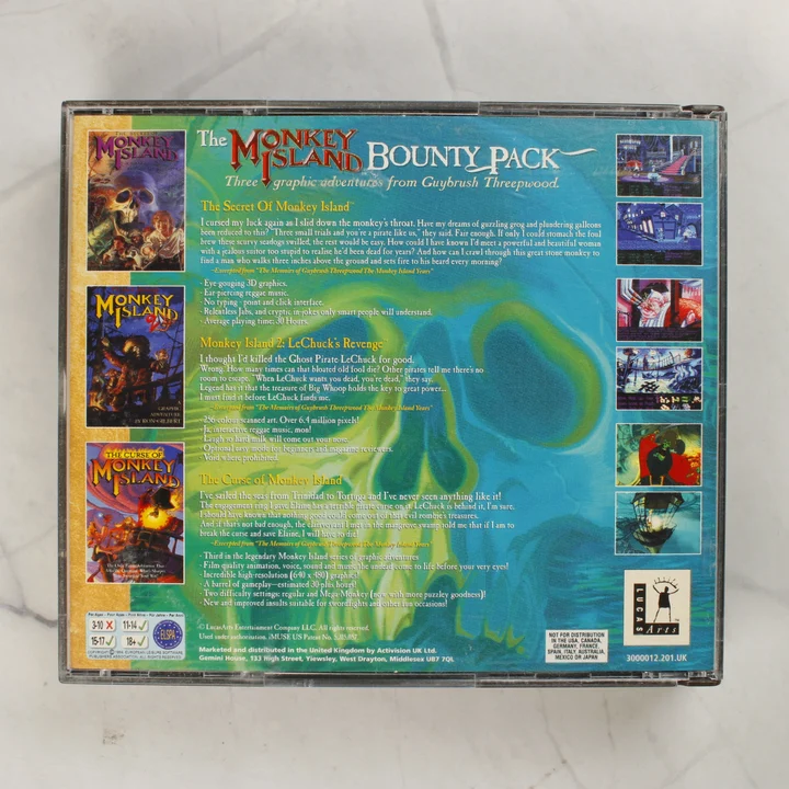 The Monkey Island Bounty Pack hátlap The Monkey Island Bounty Pack műanyag tokjának hátlapja a játékleírásokkal