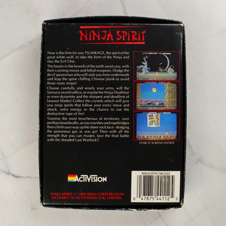 Ninja Spirit C64 doboz hátoldala leírással és képernyőképekkel