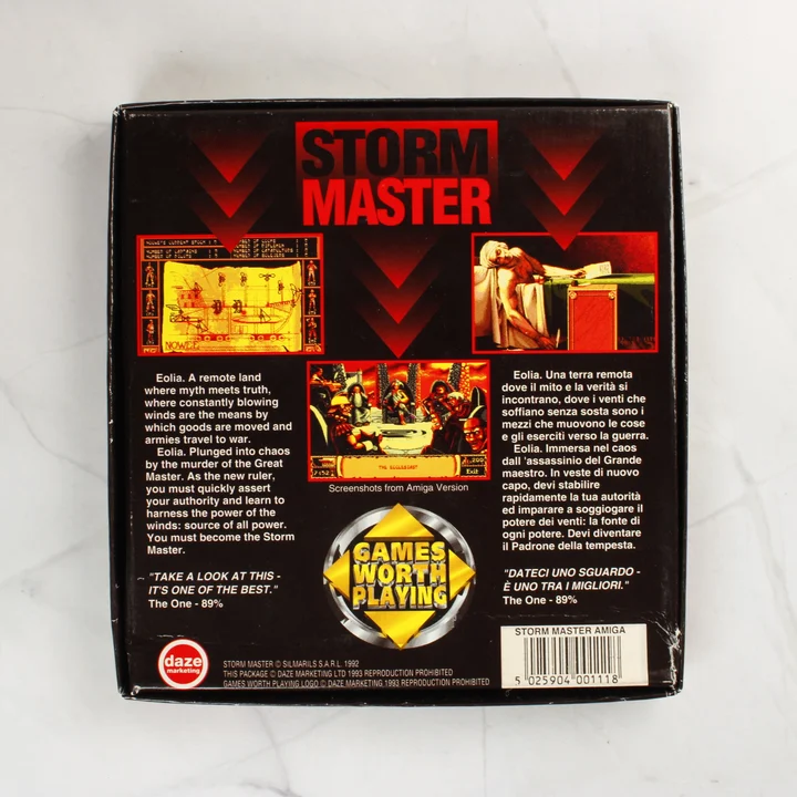 A Storm Master Amiga játék dobozának hátoldala a leírással és vonalkóddal