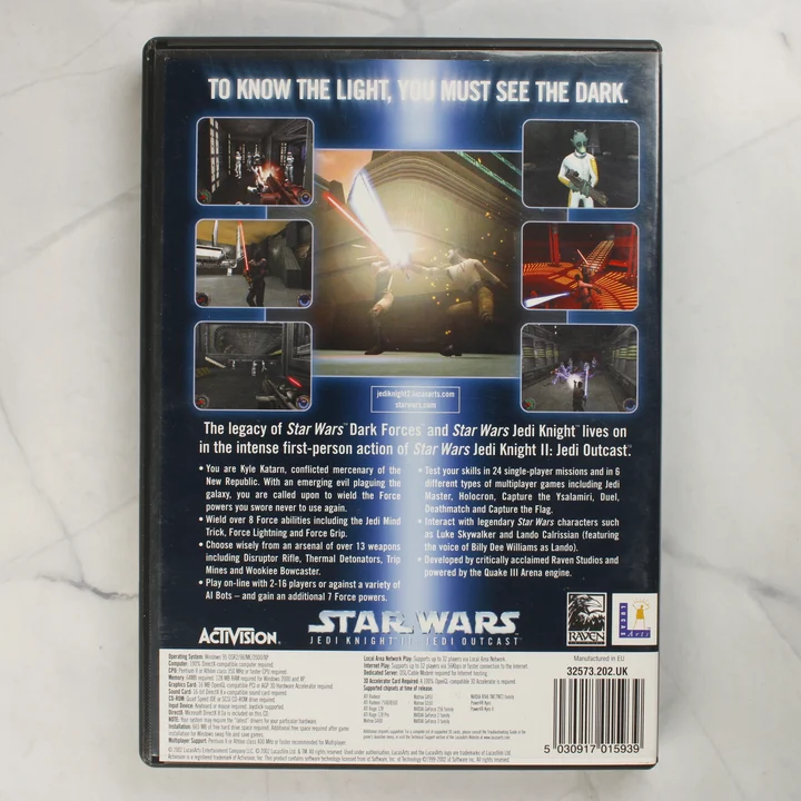 Star Wars Jedi Knight II Jedi Outcast PC tok hátoldal Star Wars Jedi Knight II Jedi Outcast játék borítójának hátoldala vonalkóddal és képernyőképekkel