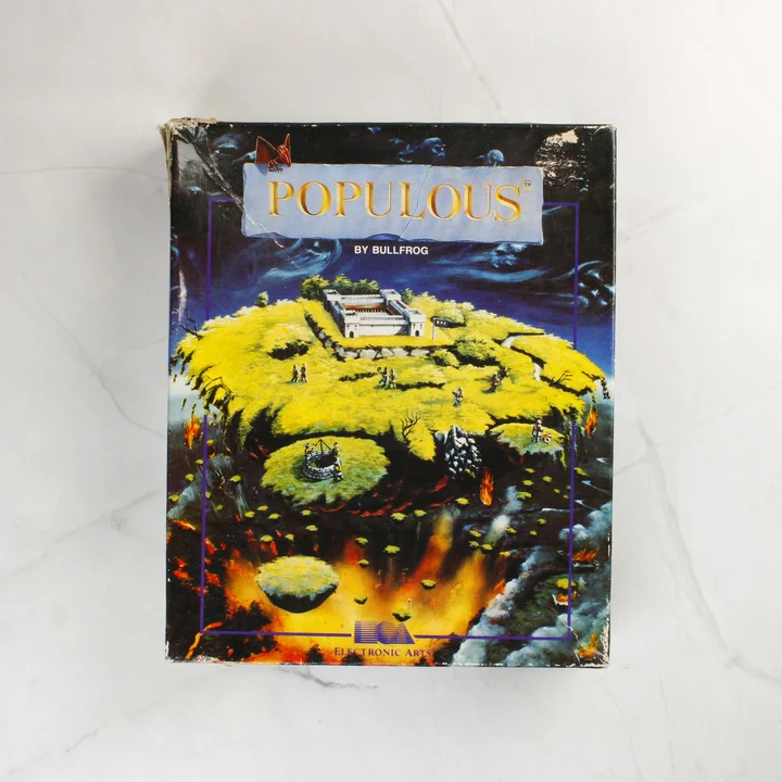 A Populous videójáték színes kartondobozának előlapja