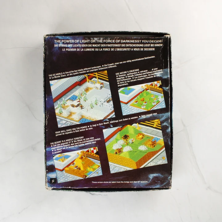 A Populous videójáték dobozának hátoldala játékmenet fotókkal