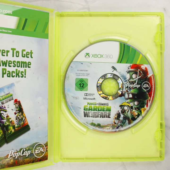 Plants vs. Zombies: Garden Warfare Xbox 360 belső lemez Plants vs. Zombies Garden Warfare lemez a nyitott Xbox 360 tokban