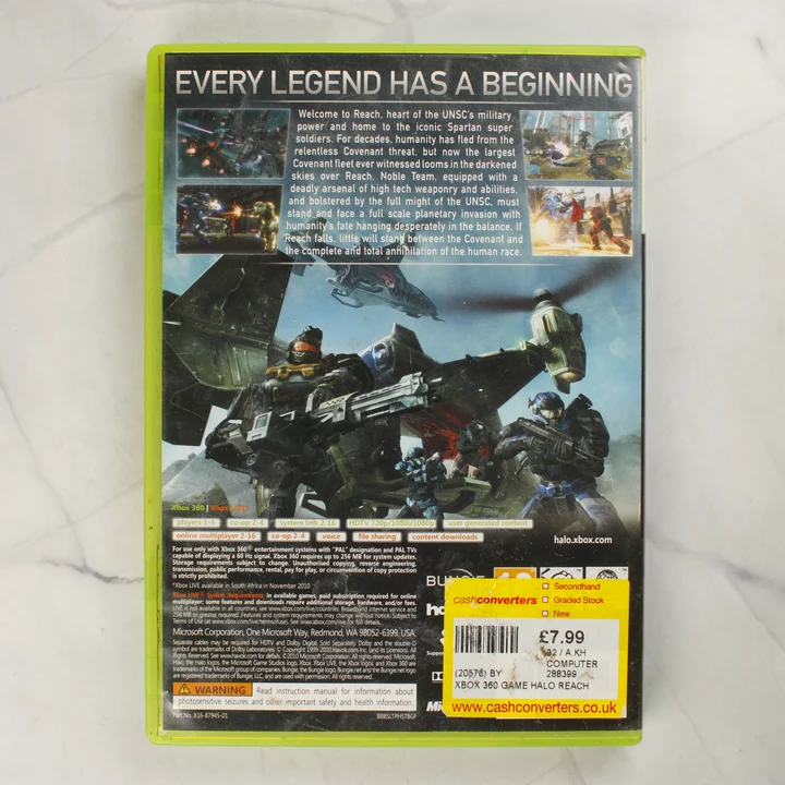 Halo Reach Xbox 360 játék tokjának hátoldala a termékadatokkal és árcédulával