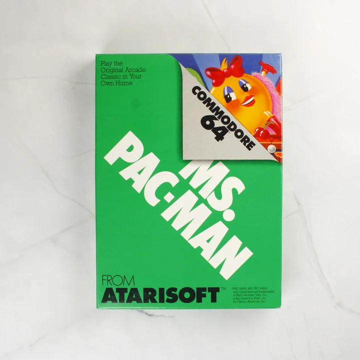 Ms. Pac-Man C64 doboz elölnézet Ms. Pac-Man Commodore 64 játék dobozának előlapja