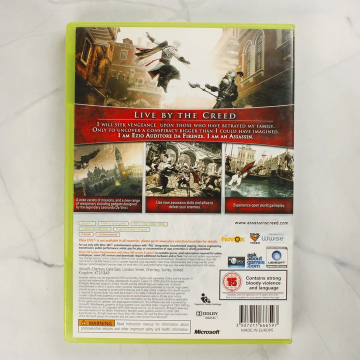 Assassin's Creed II Xbox 360 hátlap Assassin's Creed II Xbox 360 videójáték tokjának hátoldala