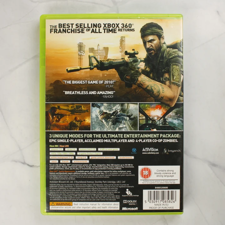 Call of Duty Black Ops Xbox 360 hátlap Call of Duty Black Ops videójáték Xbox 360 tokjának hátoldala a vonalkóddal