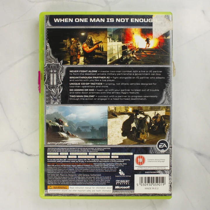 Army of Two Xbox 360 játék hátlapja Army of Two Xbox 360 tokjának hátoldala a játékinformációkkal és vonalkóddal