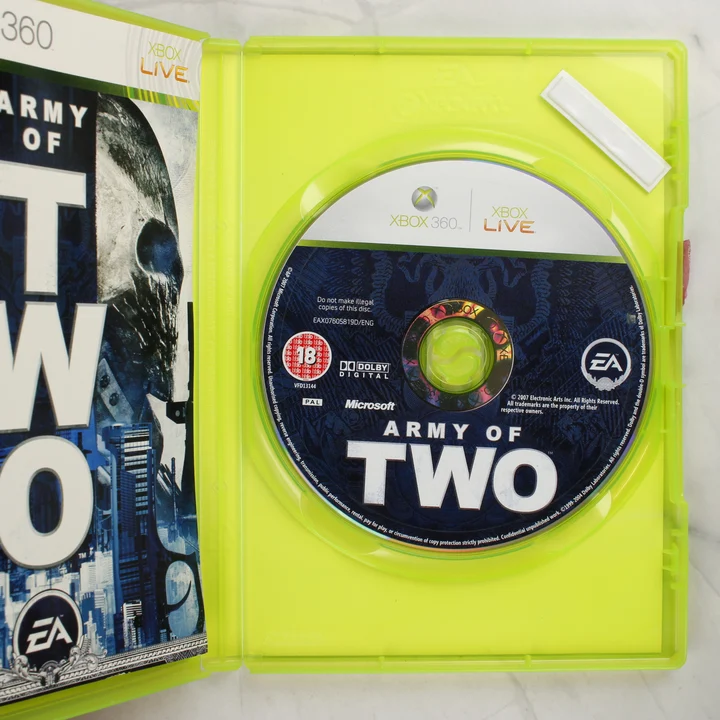 Army of Two Xbox 360 kinyitott tok lemezzel A nyitott műanyag tok a benne található Army of Two lemezzel