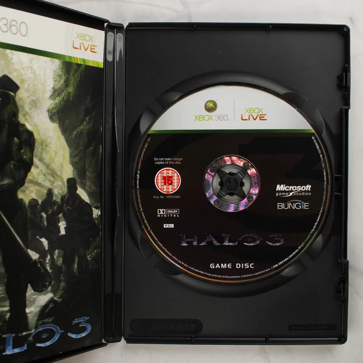 Halo 3 Xbox 360 nyitott tok Halo 3 kinyitott doboza a játéklemezzel és füzettel