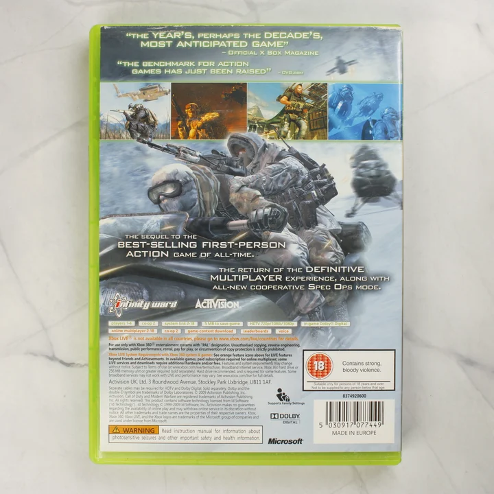 Call of Duty: Modern Warfare 2 Xbox 360 videójáték tokjának hátoldala a játékinformációkkal és vonalkóddal