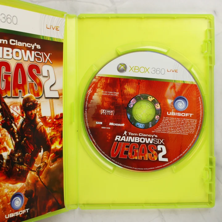 Tom Clancy's Rainbow Six Vegas 2 belső tér lemezzel Nyitott Xbox 360 tok a Tom Clancy's Rainbow Six Vegas 2 lemezzel és a füzettel