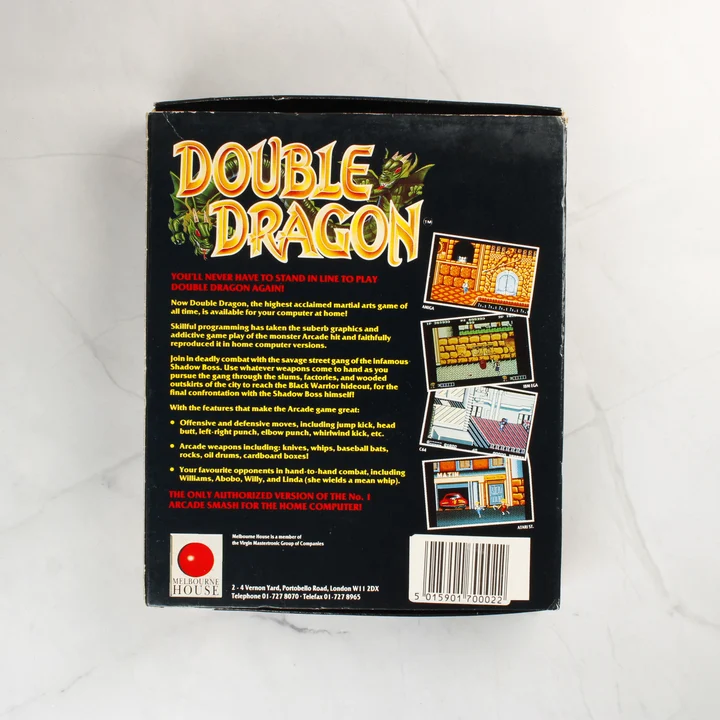 A Double Dragon videójáték dobozának hátoldala leírással és képernyőképekkel