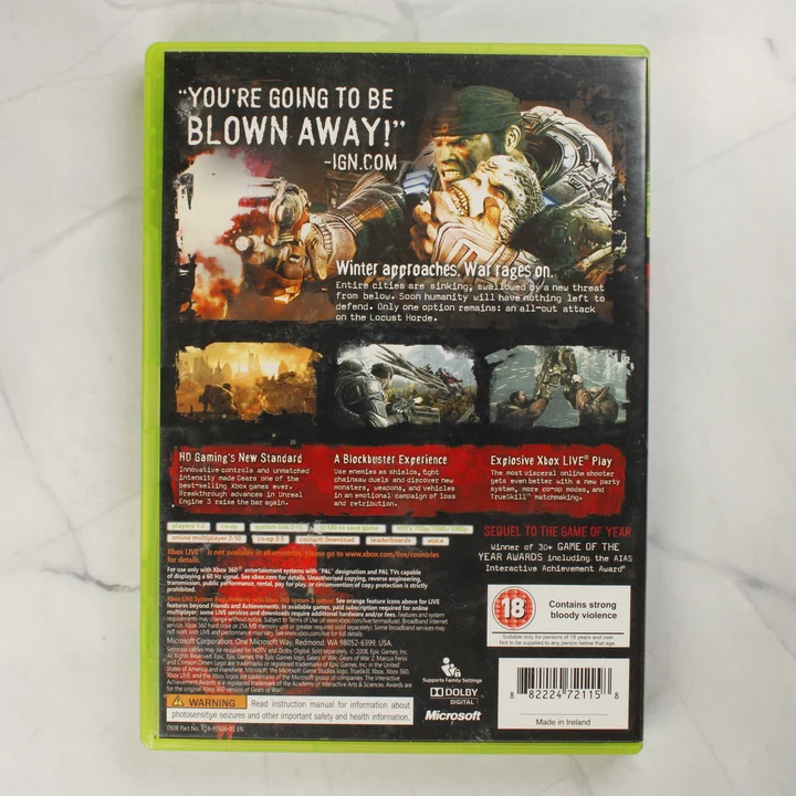Gears of War 2 Xbox 360 hátoldal Gears of War 2 videójáték dobozának hátoldala angol nyelvű leírással és vonalkóddal