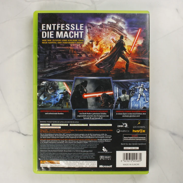 Star Wars The Force Unleashed játék tokjának hátoldala adatokkal és leírással