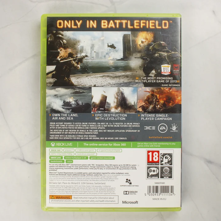 Battlefield 4 Xbox 360 játék hátoldala leírással és vonalkóddal