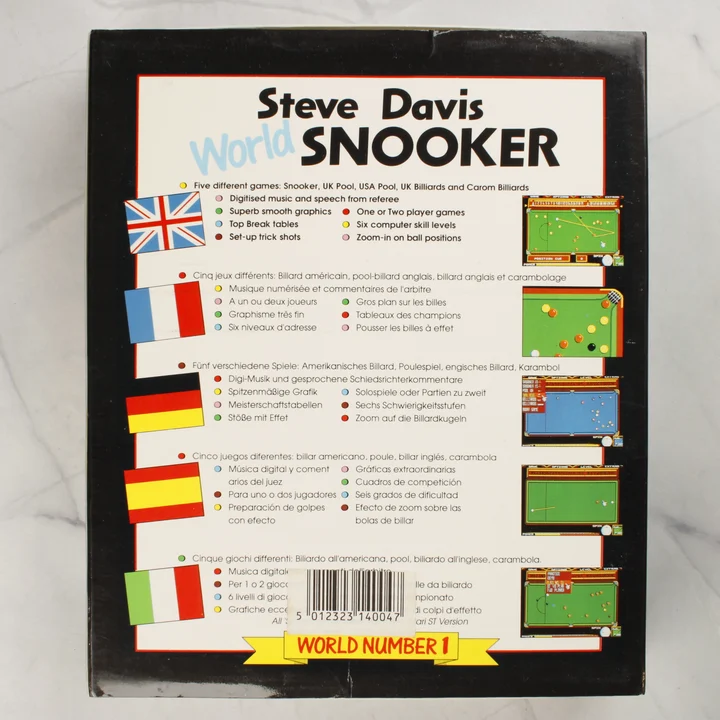 Steve Davis World Snooker doboz hátoldala leírásokkal és vonalkóddal