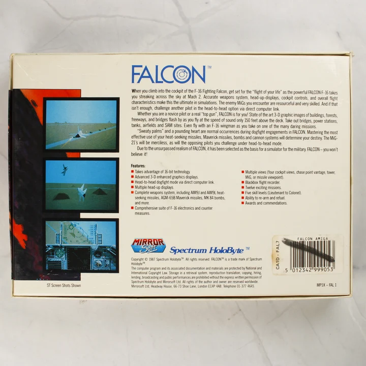 Falcon doboz hátoldala játékleírással, képernyőképekkel és vonalkóddal