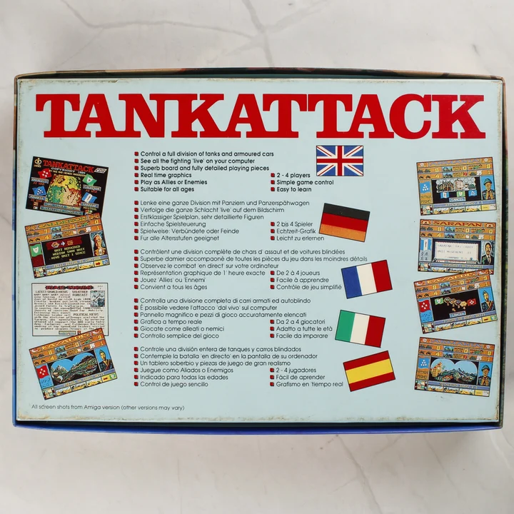 Tank Attack doboz hátoldala A játékdoboz hátoldala többnyelvű leírásokkal és képernyőképekkel