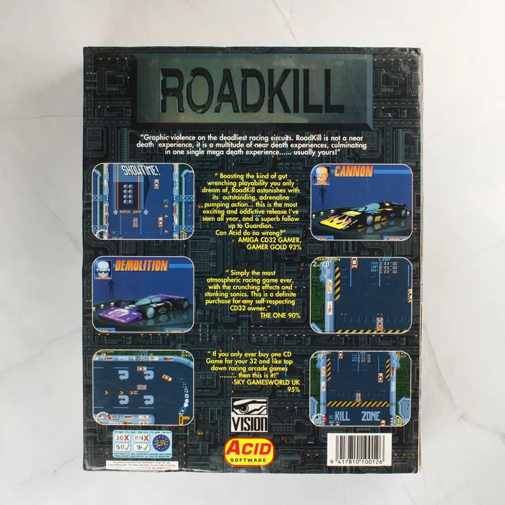 Roadkill Amiga 1200 doboz hátoldal A Roadkill videójáték dobozának hátoldala képernyőképekkel és leírással