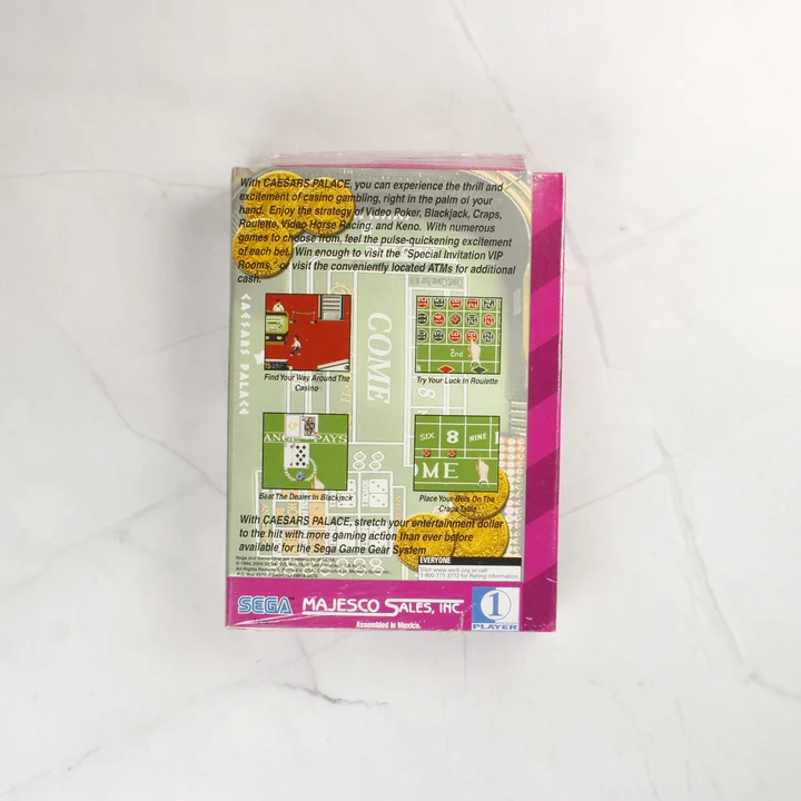 Caesars Palace Sega Game Gear hátlap A Caesars Palace Sega Game Gear játék dobozának hátoldala leírással és képernyőképekkel.
