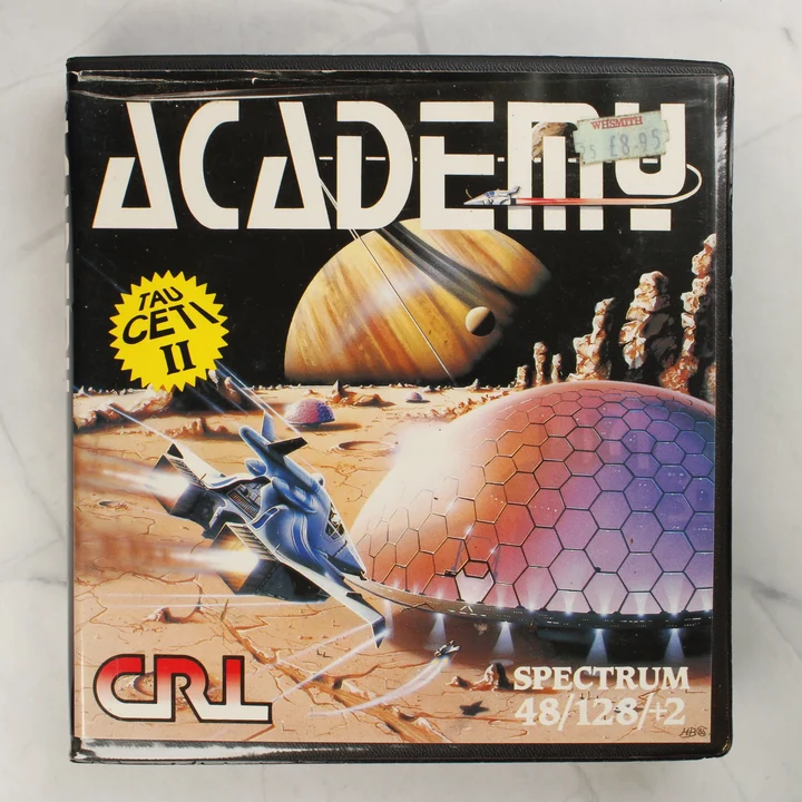 Academy ZX Spectrum videójáték tokjának előlapja a sci-fi grafikával