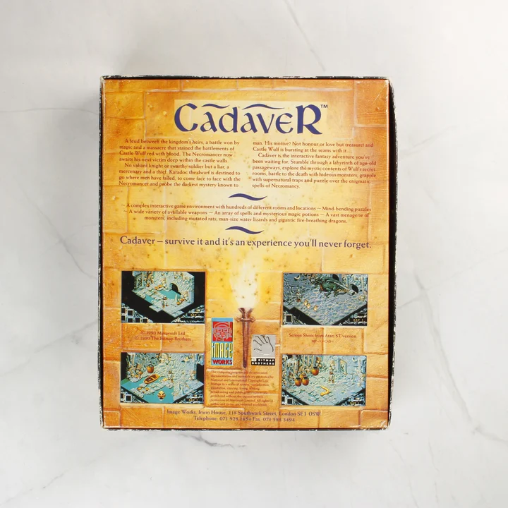 A Cadaver videójáték dobozának hátoldala játékmenet képekkel és leírással