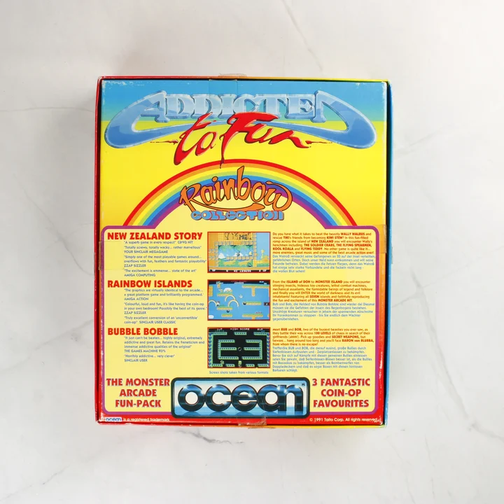 Az Addicted to Fun: Rainbow Collection videójáték dobozának hátoldala leírásokkal és képekkel.