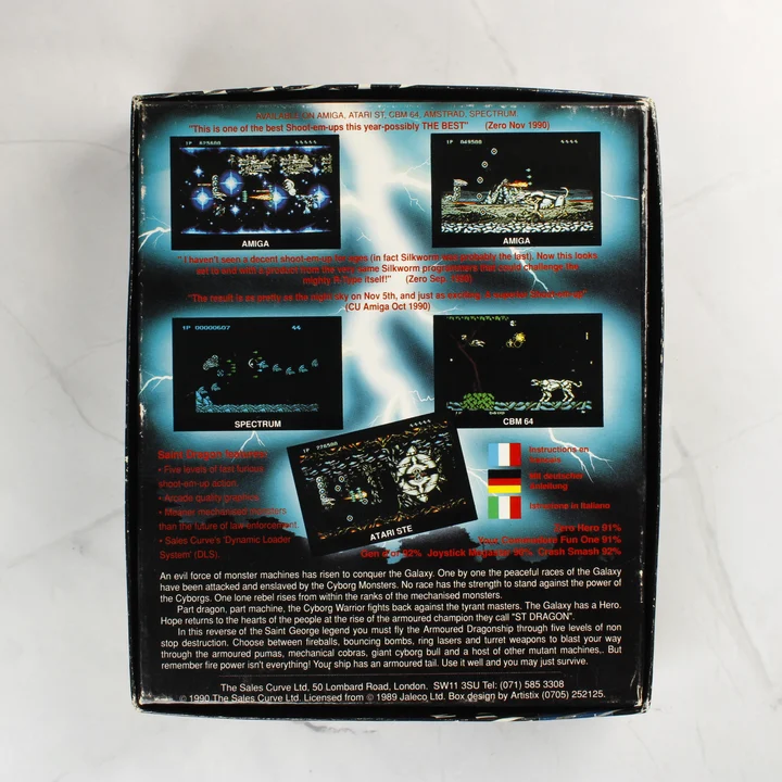 A Saint Dragon videójáték dobozának hátoldala képernyőmentésekkel és leírással.