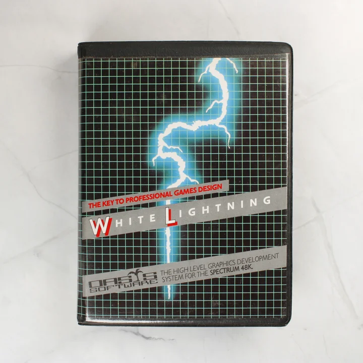 White Lightning ZX Spectrum előlap White Lightning ZX Spectrum szoftver tokjának előlapja villámmal