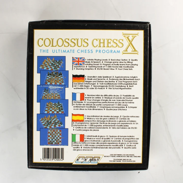 A Colossus Chess X dobozának hátoldala többnyelvű leírással