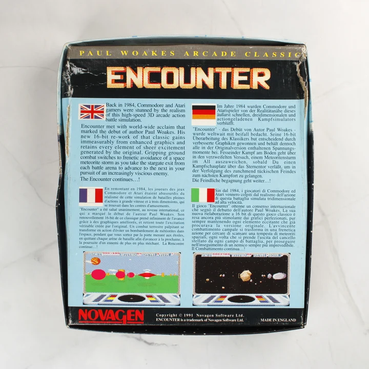 Az Encounter játék dobozának hátoldala többnyelvű leírással