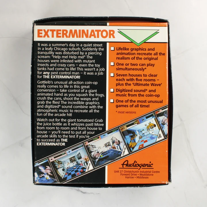 Az Exterminator Amiga játék dobozának hátoldala
