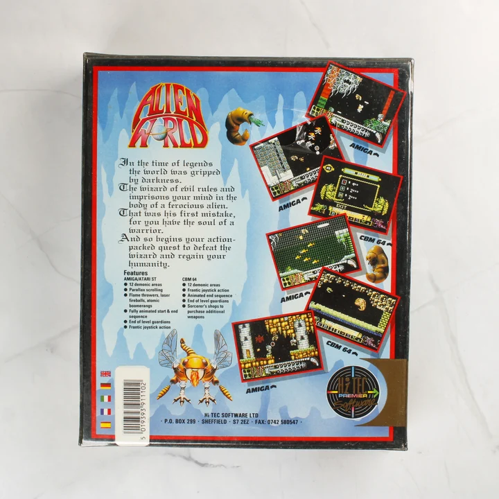 Az Alien World videójáték dobozának hátoldala leírással és képernyőképekkel