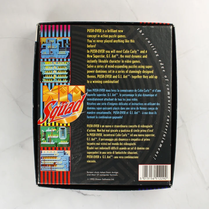Push-Over Amiga doboz hátulnézet Push-Over Amiga videójáték dobozának hátoldala