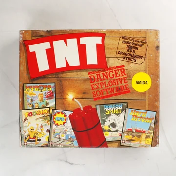 A TNT Amiga videójáték-válogatás díszdoboza elölnézetből