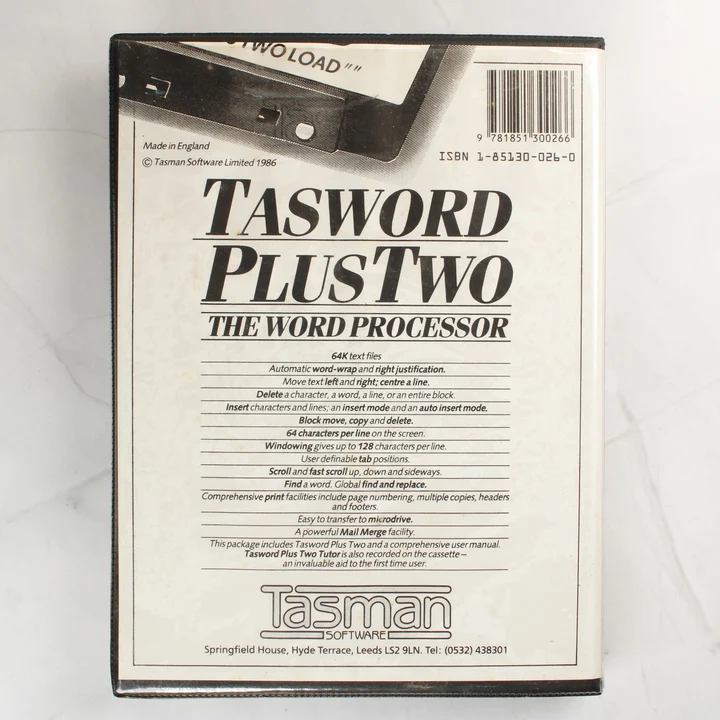 Tasword Plus Two szoftver dobozának hátoldala a leírással