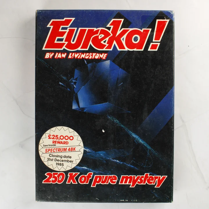 Eureka! ZX Spectrum doboz elölnézet Az Eureka! videójáték dobozának eleje Ian Livingstone nevével és a nyereményjáték matricájával.